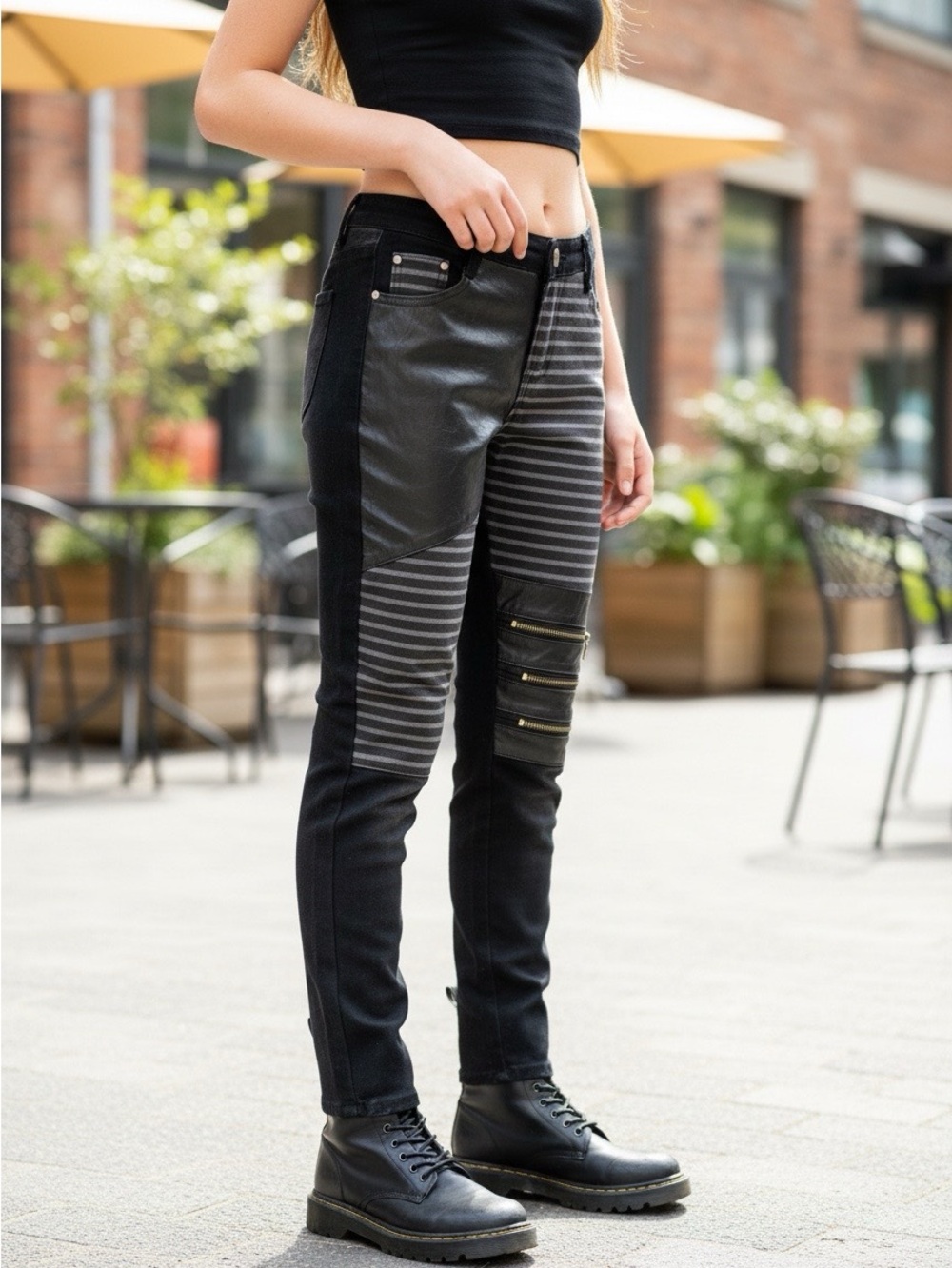 Black Mixed-Media Moto Skinny Pants Jean for Women Whimsical goth grunge